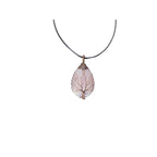 The Witches' Quest rose quartz teardrop pendant necklace with copper wire wrapped tree of life design on a black cord.