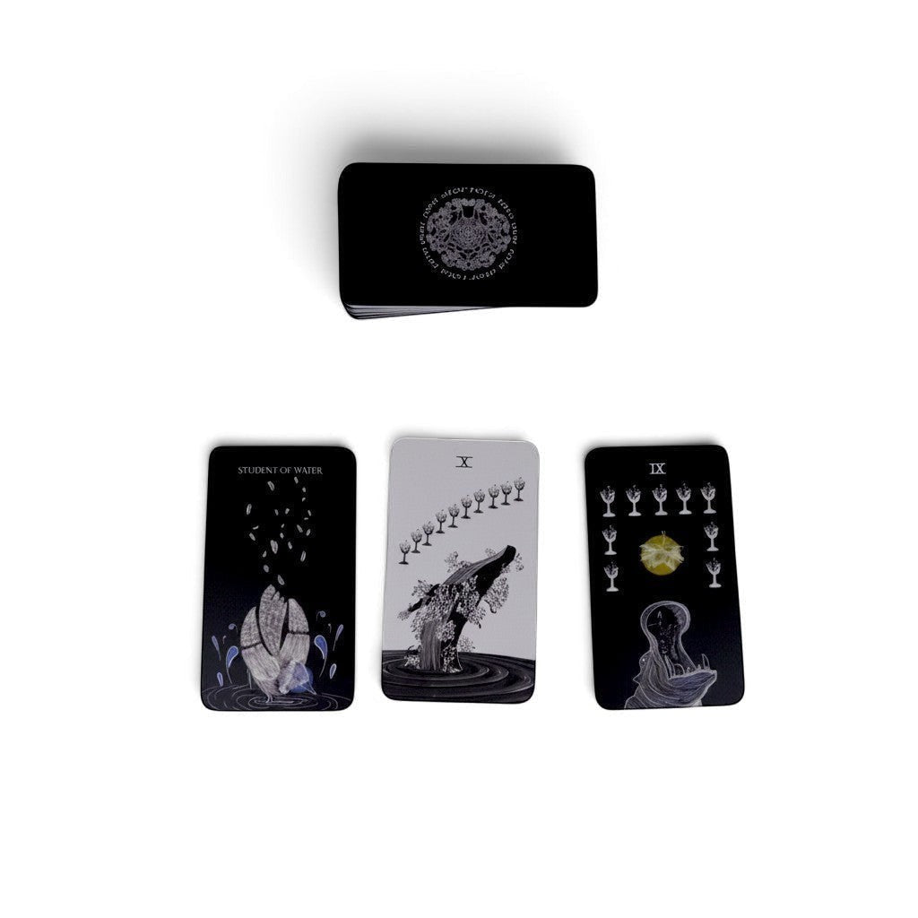 The Witches' Quest The Sacred Web tarot cards featuring dark charcoal backgrounds with mystical white illustrations
