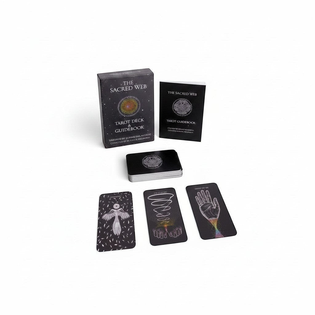 The Witches' Quest The Sacred Web tarot deck and guidebook set featuring dark charcoal cards with cosmic artwork.