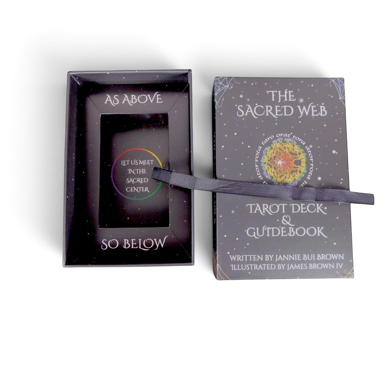 The Witches' Quest The Sacred Web tarot deck and guidebook set in a dark charcoal box with cosmic mandala artwork