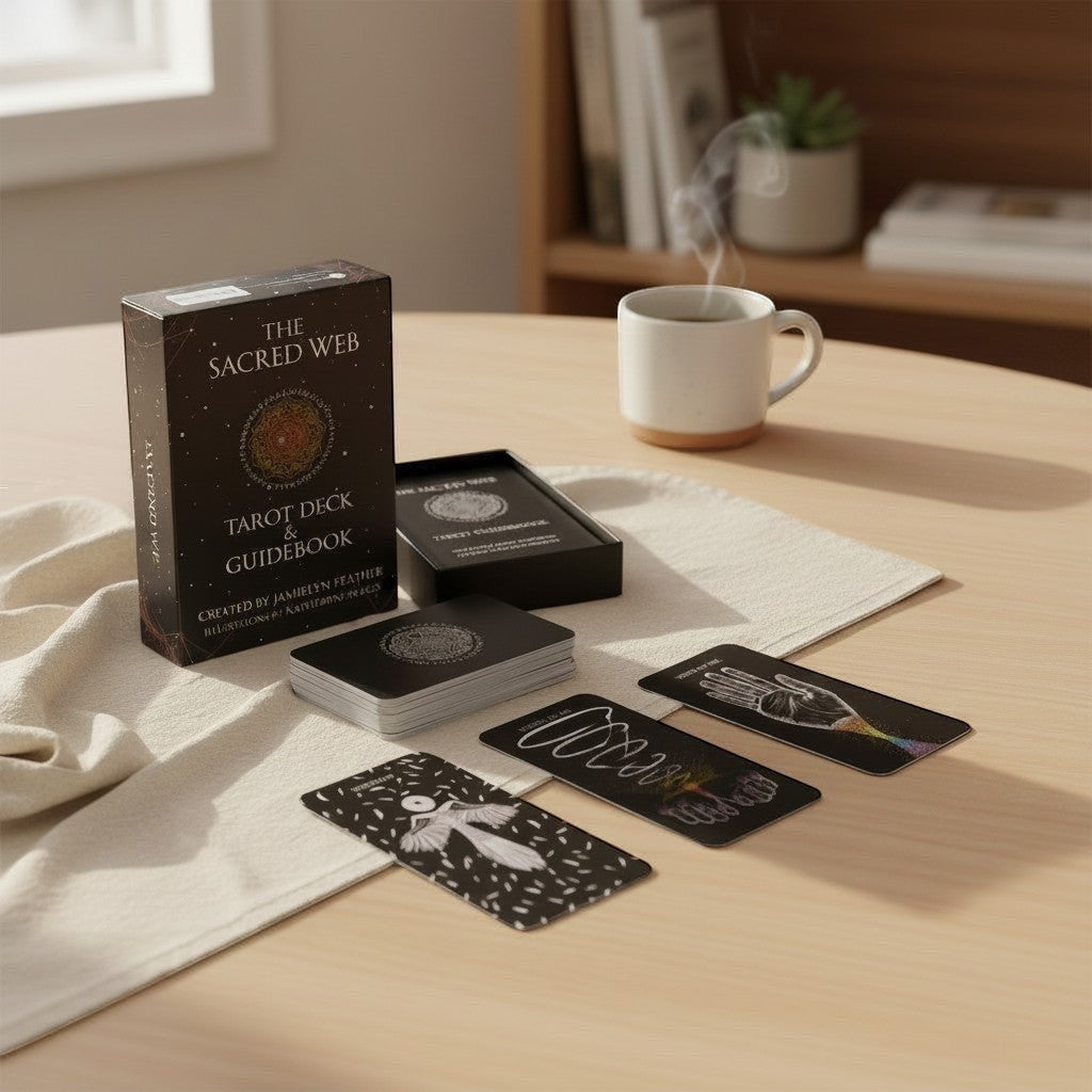 The Witches' Quest The Sacred Web tarot deck and guidebook set with dark charcoal cards and cosmic mandala artwork