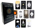 The Witches' Quest The Sacred Web tarot deck and guidebook set featuring cosmic artwork on dark charcoal cards