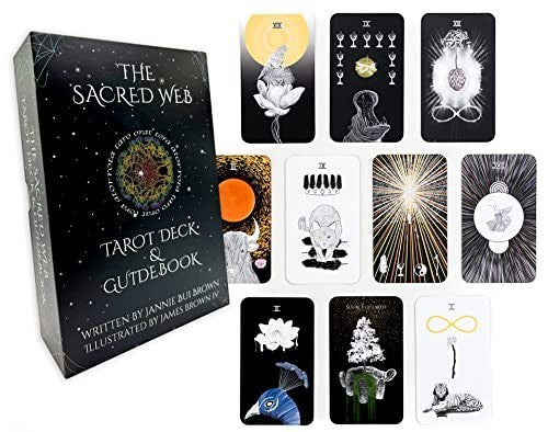 The Witches' Quest The Sacred Web tarot deck and guidebook set featuring cosmic artwork on dark charcoal cards