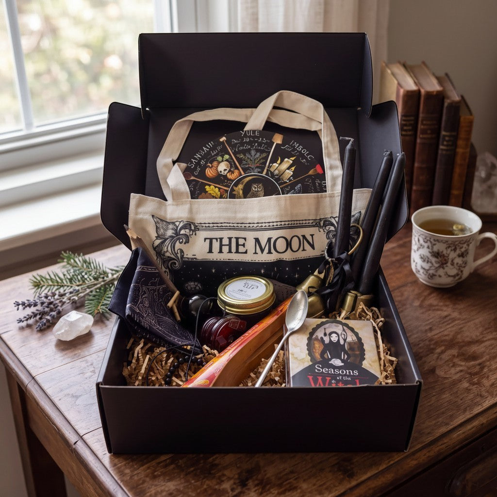 The Witches' Quest Samhain altar bundle in a black box containing an oracle deck, ritual tools, candles, and tote bag.