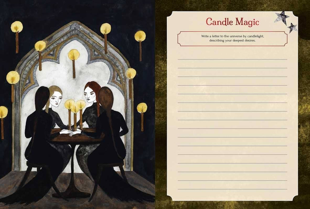 The Witches' Quest Seasons of the Witch Samhain Journal open page with Candle Magic prompt and mystical illustration.