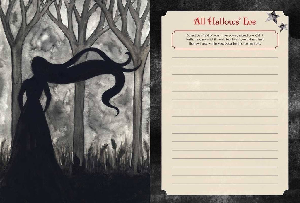 The Witches' Quest Seasons of the Witch Samhain Journal open page with All Hallows' Eve prompt and forest illustration