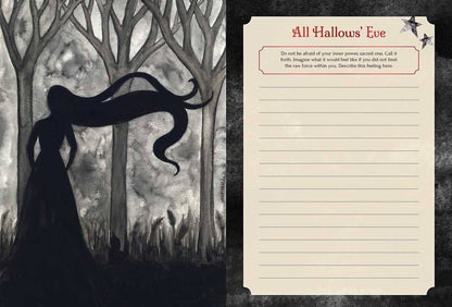 The Witches' Quest Seasons of the Witch Samhain Journal open page with All Hallows' Eve prompt and forest illustration