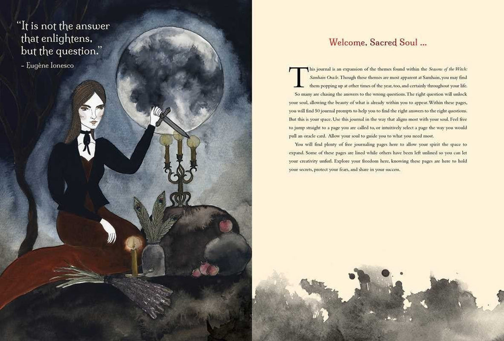 The Witches' Quest Seasons of the Witch Samhain Journal open pages featuring mystical watercolor illustrations