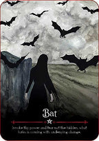 The Witches' Quest Seasons of the Witch Samhain Oracle card featuring a silhouette of a woman surrounded by bats