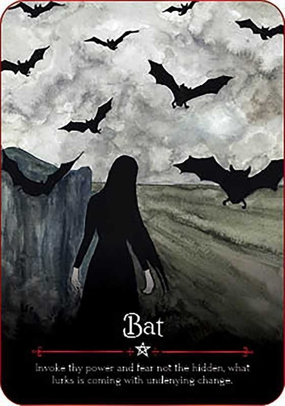 The Witches' Quest Seasons of the Witch Samhain Oracle card featuring a silhouette of a woman surrounded by bats
