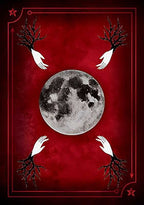 The Witches' Quest Seasons of the Witch Samhain Oracle card back featuring a full moon, white hands, and tree roots.