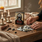 The Witches' Quest Seasons of the Witch Samhain Oracle deck with illustrated cards, candles, and broom on a wooden table.