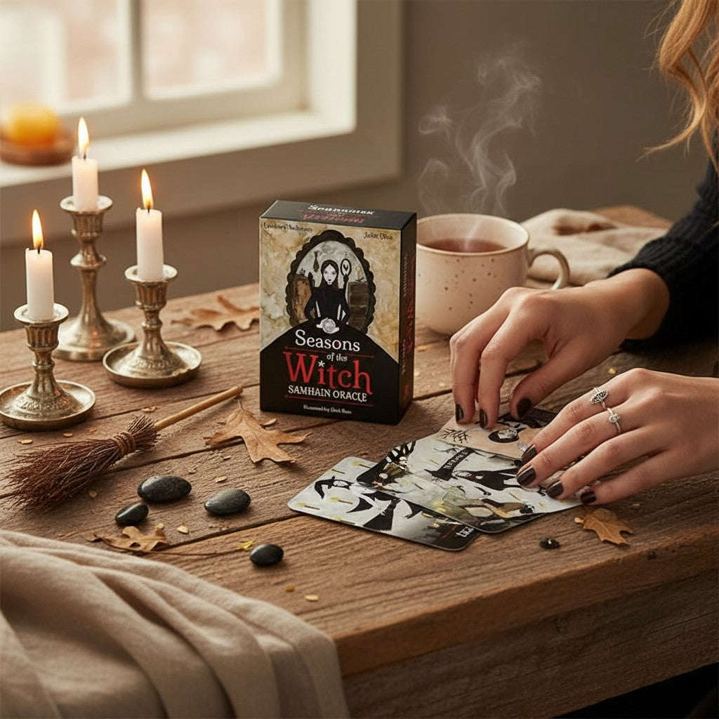 The Witches' Quest Seasons of the Witch Samhain Oracle deck with illustrated cards, candles, and broom on a wooden table.