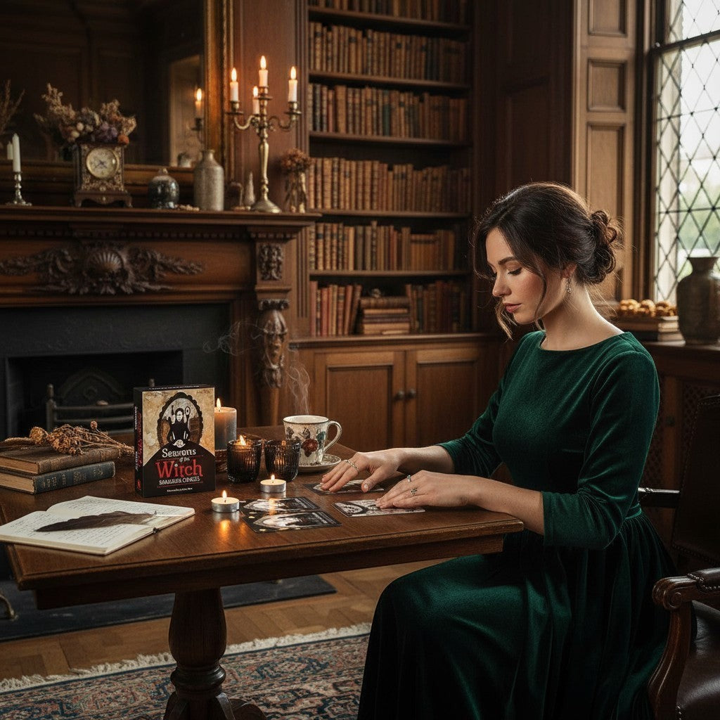 The Witches' Quest Seasons of the Witch Samhain Oracle deck and guidebook set on a table with a woman in a green dress
