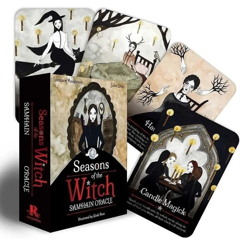 The Witches' Quest Seasons of the Witch Samhain Oracle deck with illustrated cards featuring mystical witch imagery