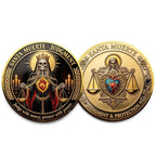 The Witches' Quest Santa Muerte Judgment coin featuring a detailed skeleton figure with scales and a sacred heart.