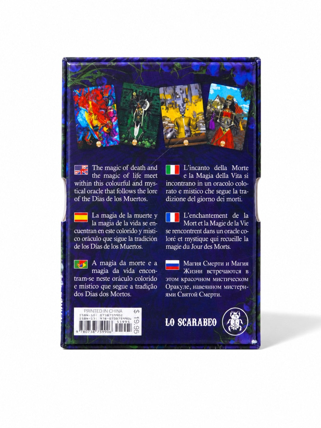 The Witches' Quest Santa Muerte Oracle deck box back cover featuring vibrant card art and multilingual descriptions.