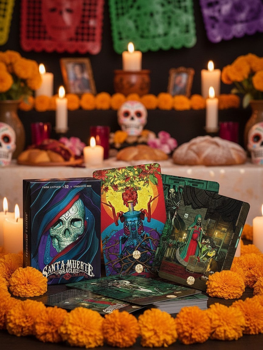 The Witches' Quest Santa Muerte Oracle deck with vibrant illustrated cards and box set on an altar with marigolds.