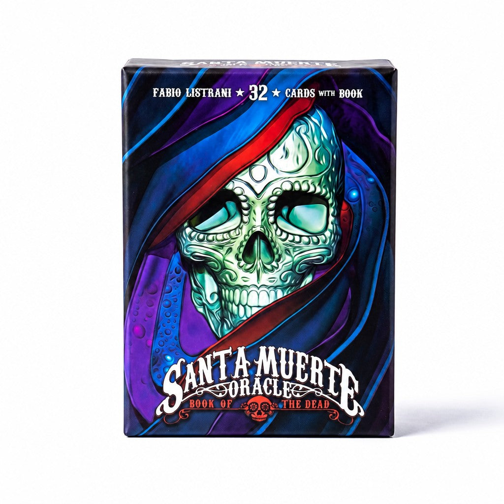 The Witches' Quest Santa Muerte Oracle deck box featuring vibrant skull artwork and purple and blue tones.