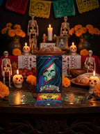 The Witches' Quest Santa Muerte Oracle deck set with vibrant illustrated cards on a traditional Day of the Dead altar.