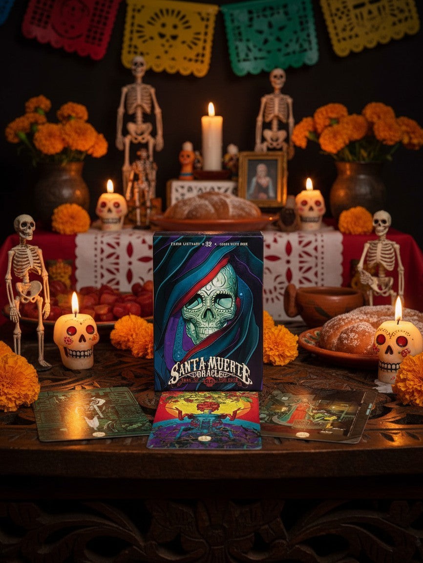 The Witches' Quest Santa Muerte Oracle deck set with vibrant illustrated cards on a traditional Day of the Dead altar.