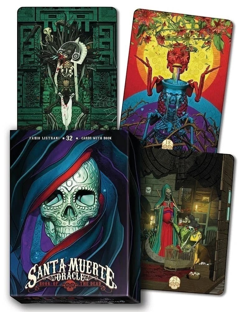 The Witches' Quest Santa Muerte Oracle deck with illustrated box and three vibrant, gothic-style tarot cards.