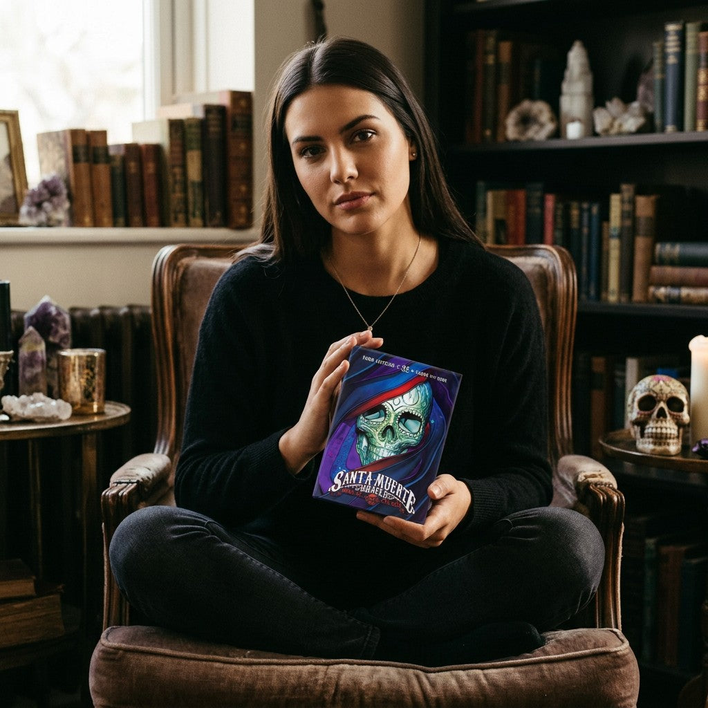 A woman holding The Witches' Quest Santa Muerte Oracle deck featuring vibrant skull artwork in a cozy library setting.