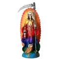 The Witches' Quest 7-inch Santa Muerte resin statue with a rainbow robe, scythe, lantern, and owl on a globe base.