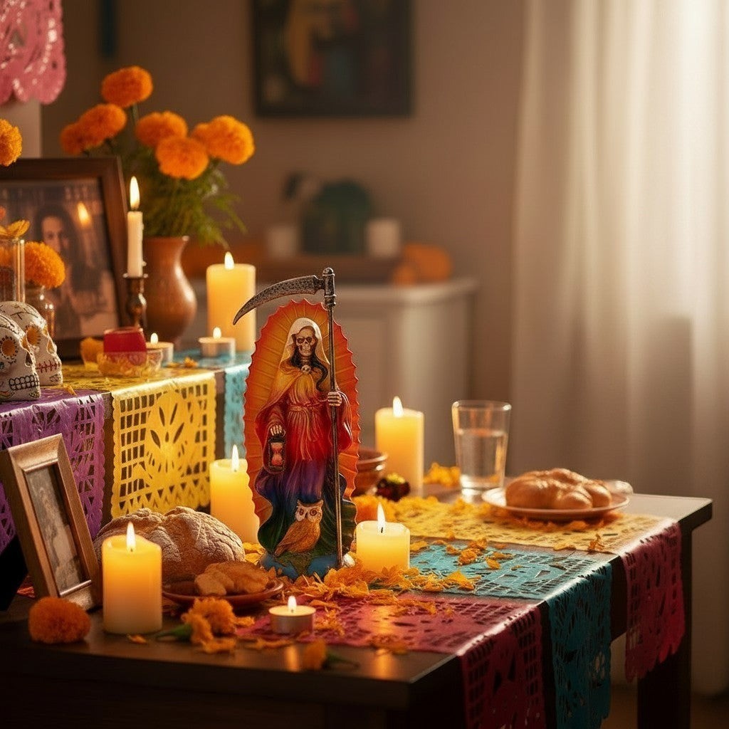 The Witches' Quest 7-inch Santa Muerte rainbow altar statue with scythe and owl on a festive Dia de los Muertos table.