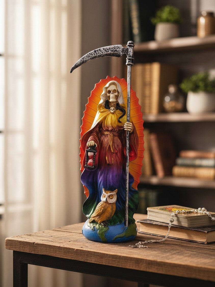 The Witches' Quest 7-inch Santa Muerte rainbow altar statue with scythe, lantern, and owl on a wooden table.