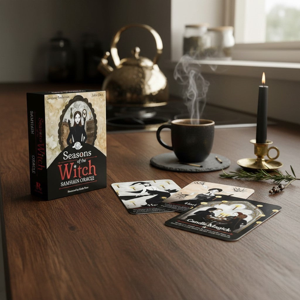 The Witches' Quest Seasons of the Witch Samhain Oracle deck with box, guidebook, and illustrated cards on a table.