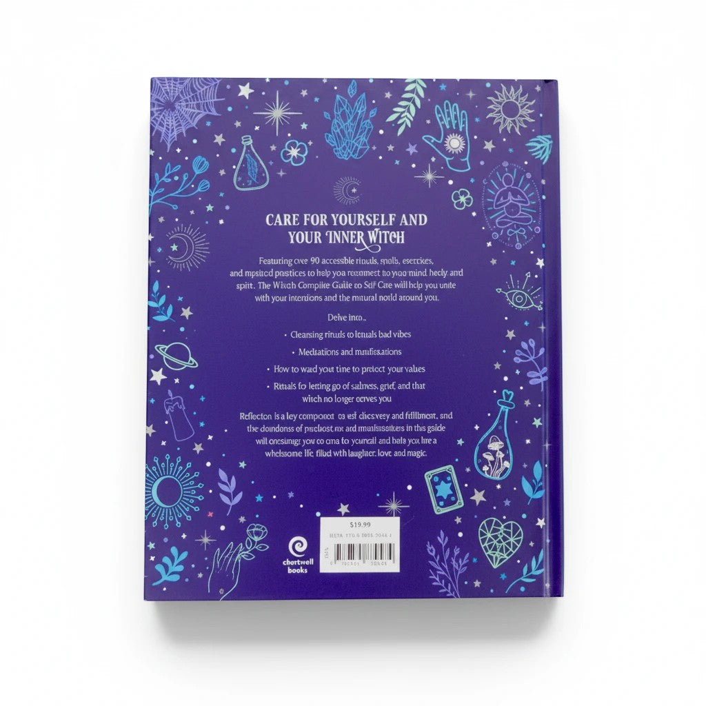 The Witches' Quest hardcover book back cover featuring celestial illustrations, purple background, and ritual text.