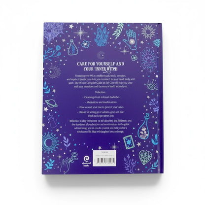 The Witches' Quest hardcover book back cover featuring celestial illustrations, purple background, and ritual text.