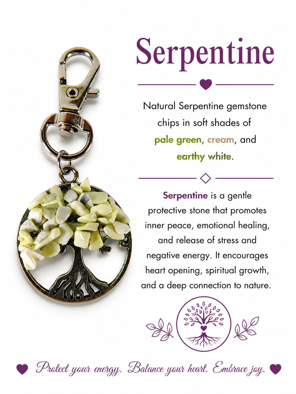 The Witches' Quest Tree of Life keychain with pale green Serpentine gemstone chips on a silver-toned metal pendant.