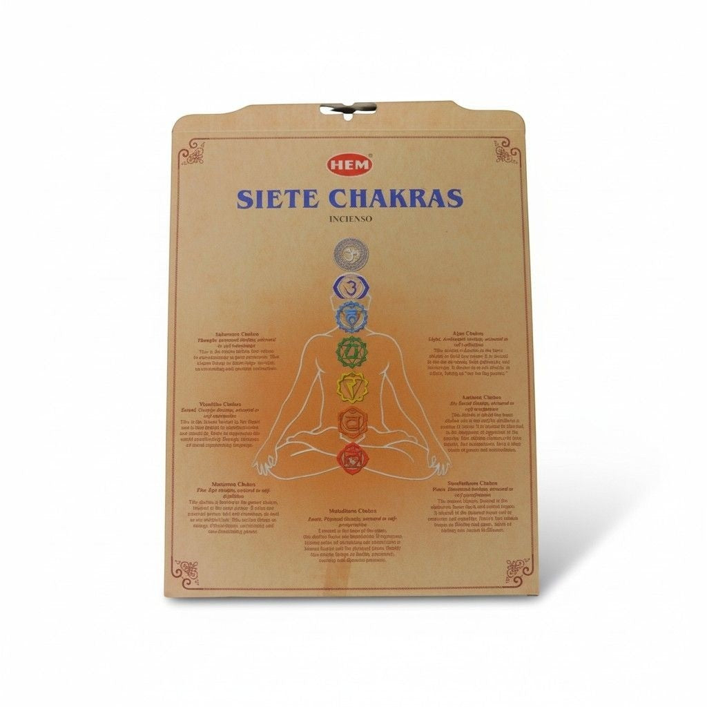 The Witches' Quest Seven Chakras incense packaging featuring a seated figure with highlighted energy centers