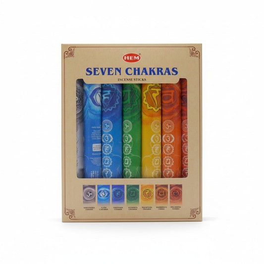 The Witches' Quest Seven Chakras incense sticks collection in a windowed box with colorful chakra-themed packaging.