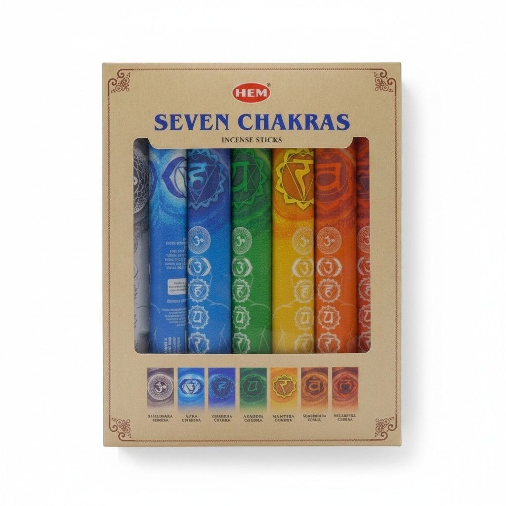 The Witches' Quest Seven Chakras incense sticks collection in a gift box with seven colorful chakra-themed packs.