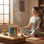 The Witches' Quest Seven Chakras incense sticks burning in a tranquil room with a woman meditating in the background.