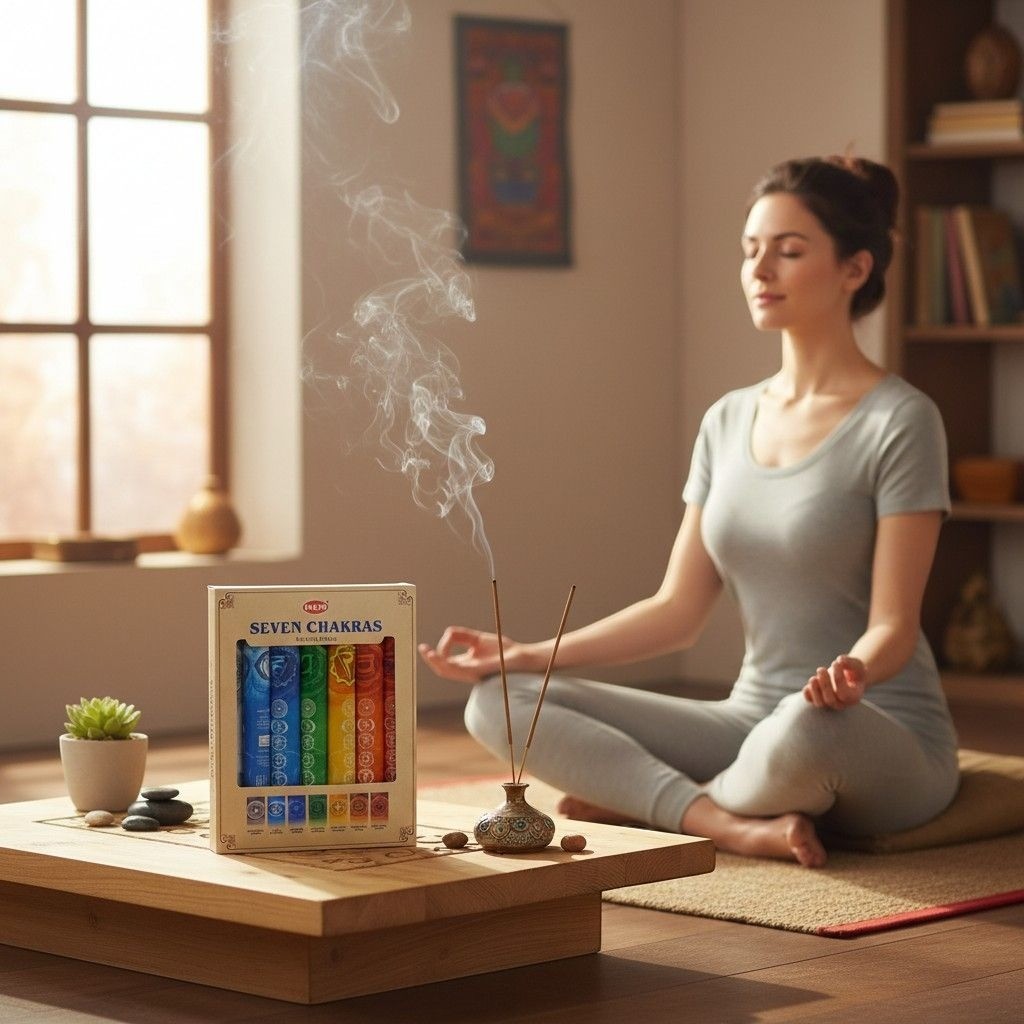 The Witches' Quest Seven Chakras incense sticks burning in a tranquil room with a woman meditating in the background.