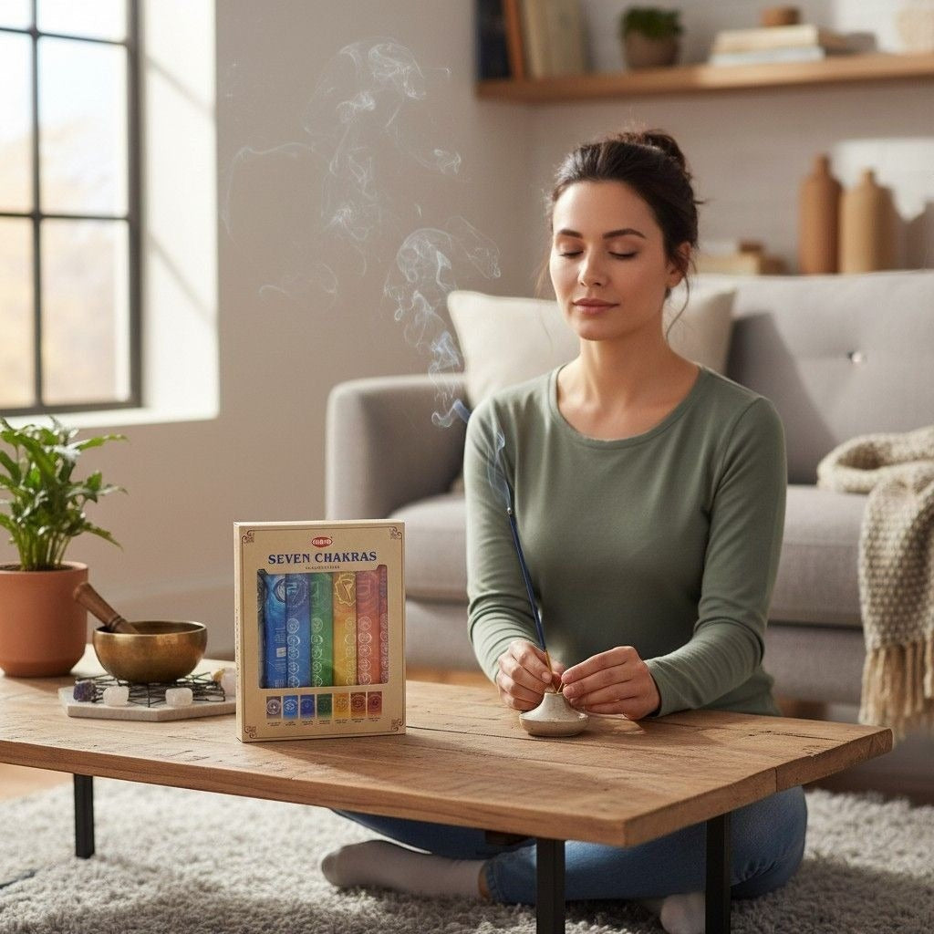 The Witches' Quest Seven Chakras incense sticks set on a wooden table with a woman meditating in a cozy living room.