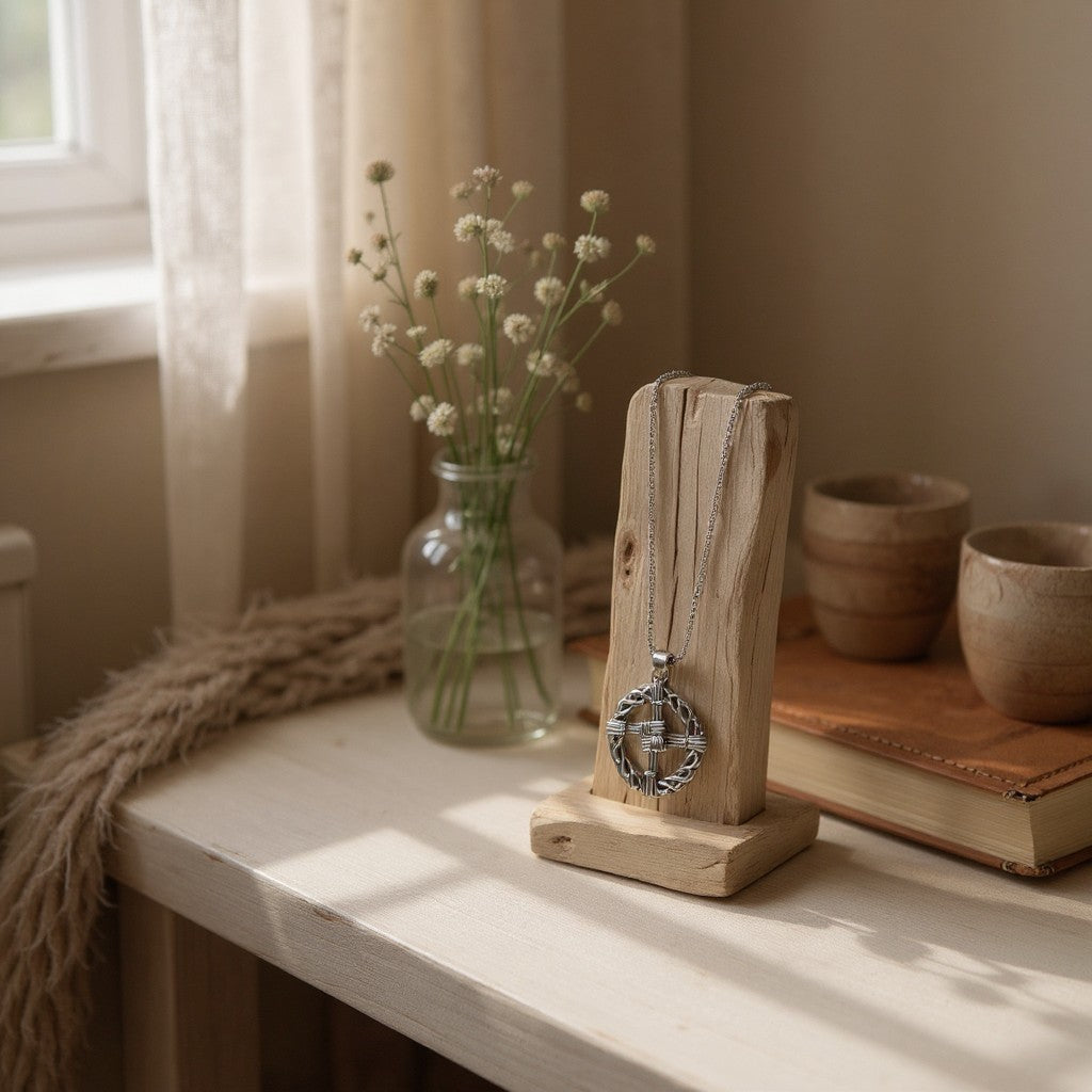 The Witches' Quest silver tone St. Brigid’s Cross pendant necklace on a wooden display stand in a sunlit room.