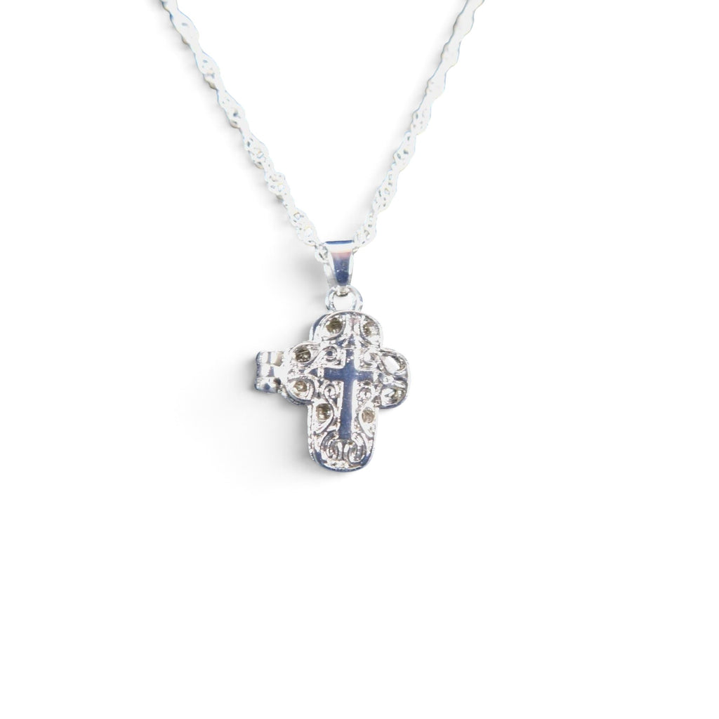The Witches' Quest silver-tone alloy cross locket necklace with intricate floral filigree and a magnetic closure.