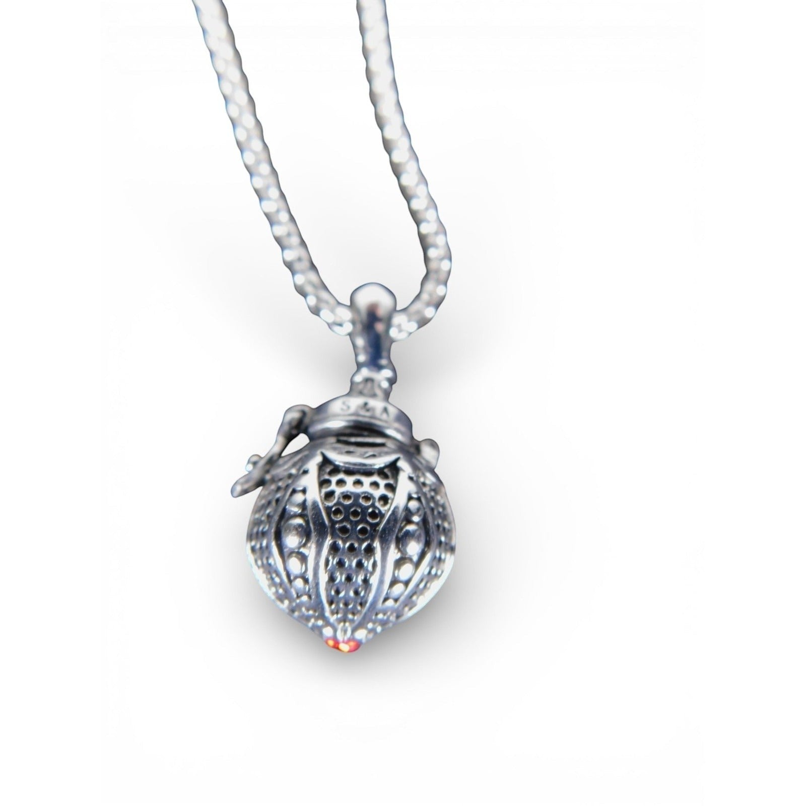 The Witches' Quest silver tone Victorian poison box locket necklace with a textured teardrop pendant and red accent.