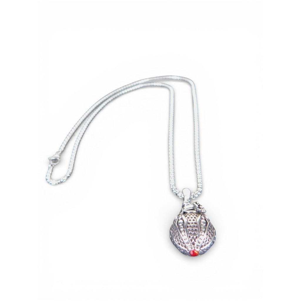 The Witches' Quest silver tone Victorian poison box locket necklace with a textured teardrop pendant and red accent.
