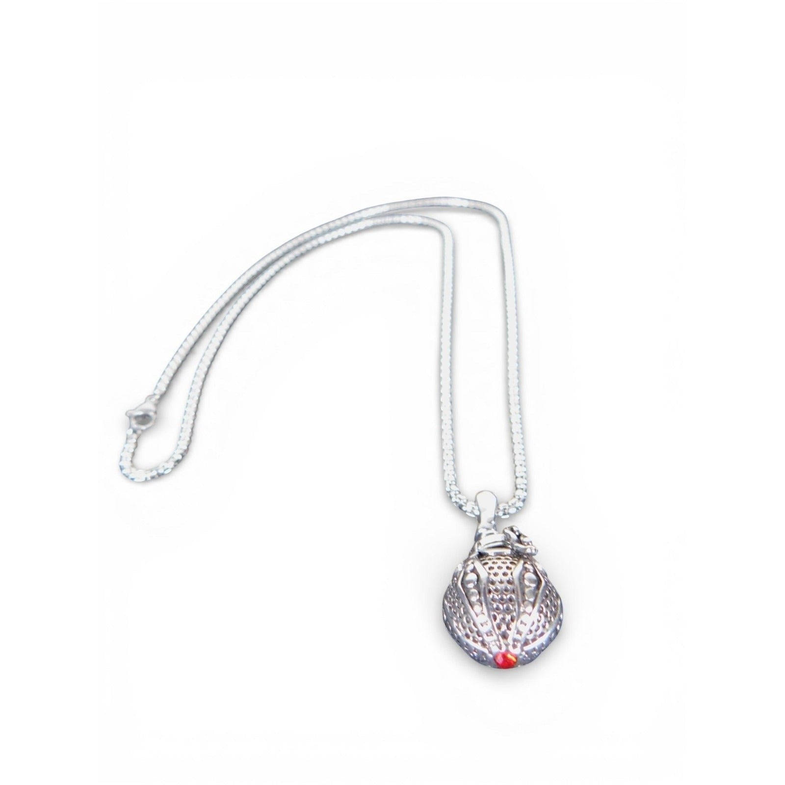 The Witches' Quest silver tone Victorian poison box locket necklace with a textured teardrop pendant and red accent.