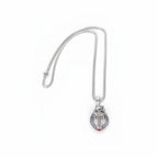 The Witches' Quest silver tone Victorian poison box locket necklace with a textured teardrop pendant and red accent.