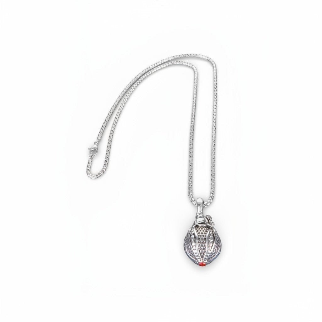 The Witches' Quest silver tone Victorian poison box locket necklace with a textured teardrop pendant and red accent.