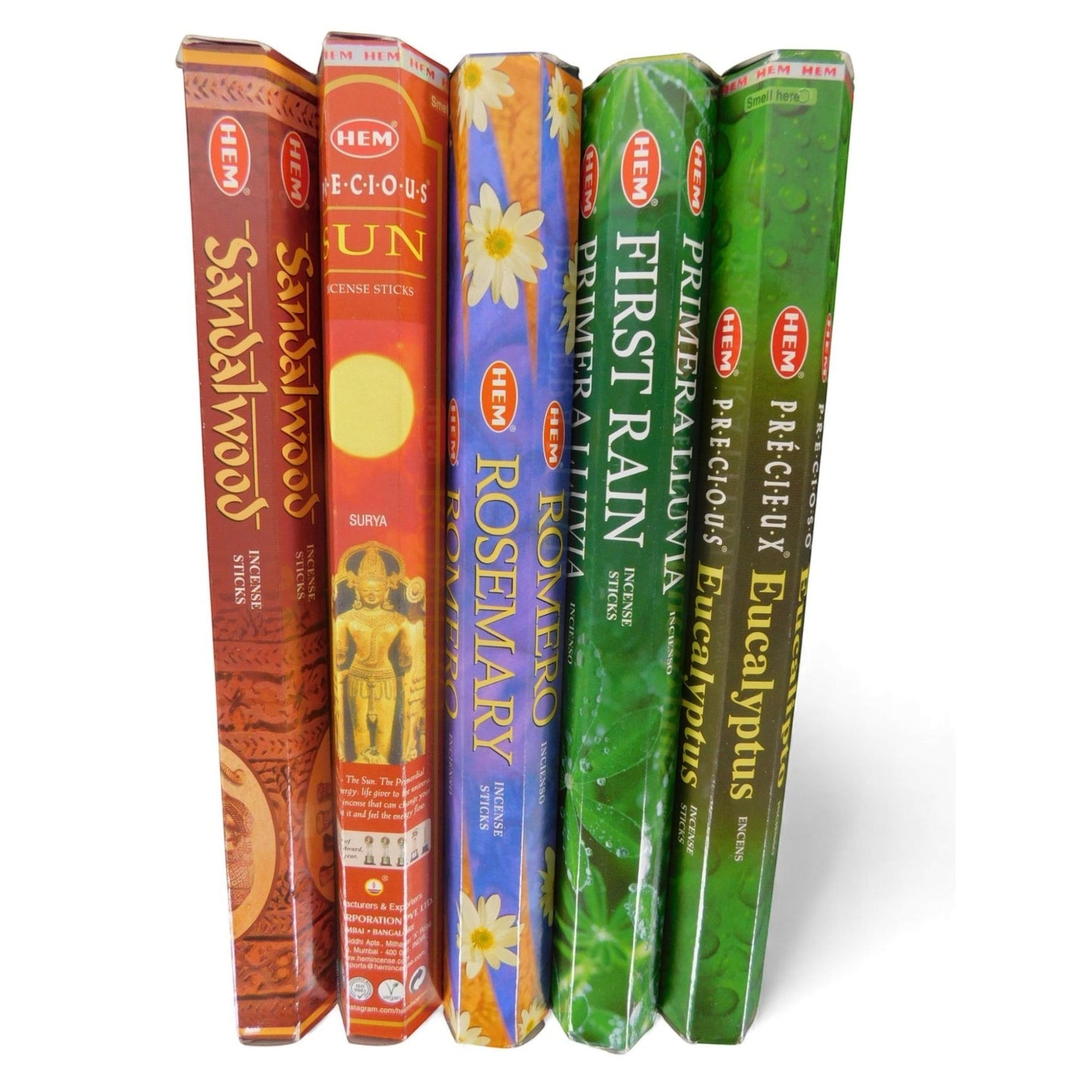 The Witches' Quest solar incense pack featuring five HEM scent tubes including Sandalwood, Sun, Rosemary, First Rain, and Eucalyptus.
