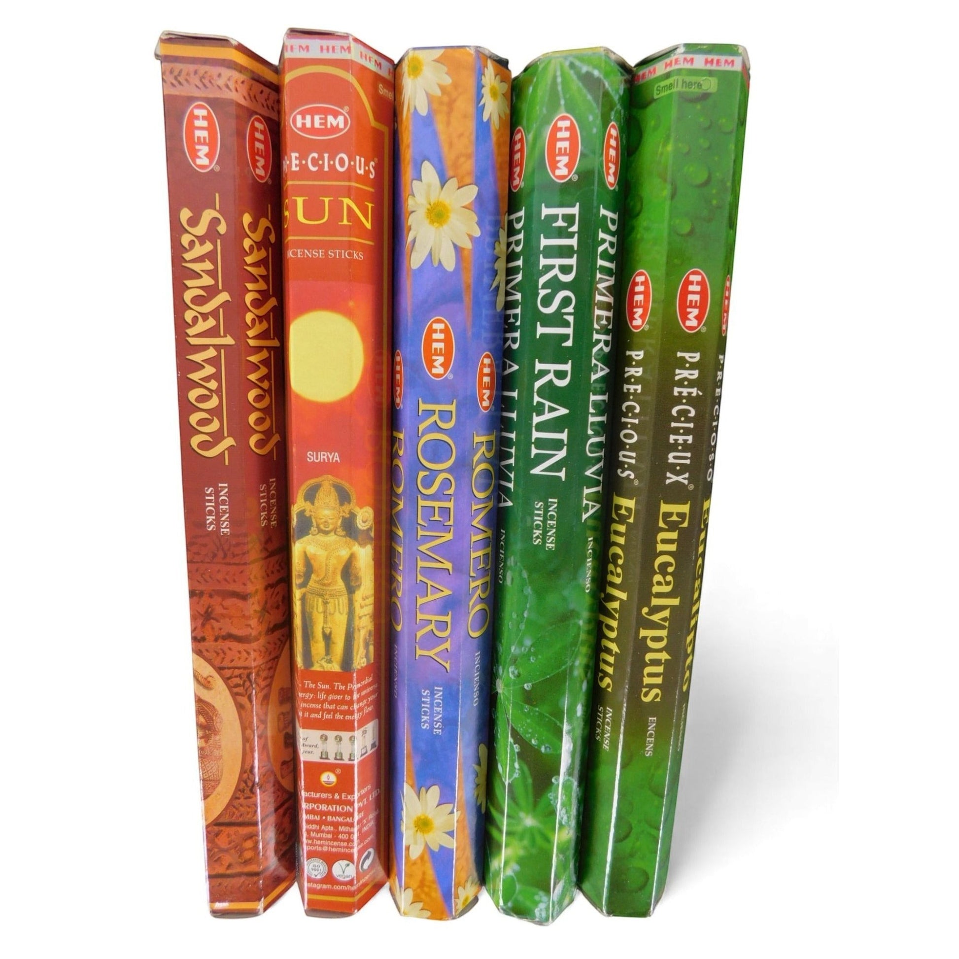 The Witches' Quest solar incense pack featuring five HEM scent tubes including Sandalwood, Sun, Rosemary, First Rain, and Eucalyptus.