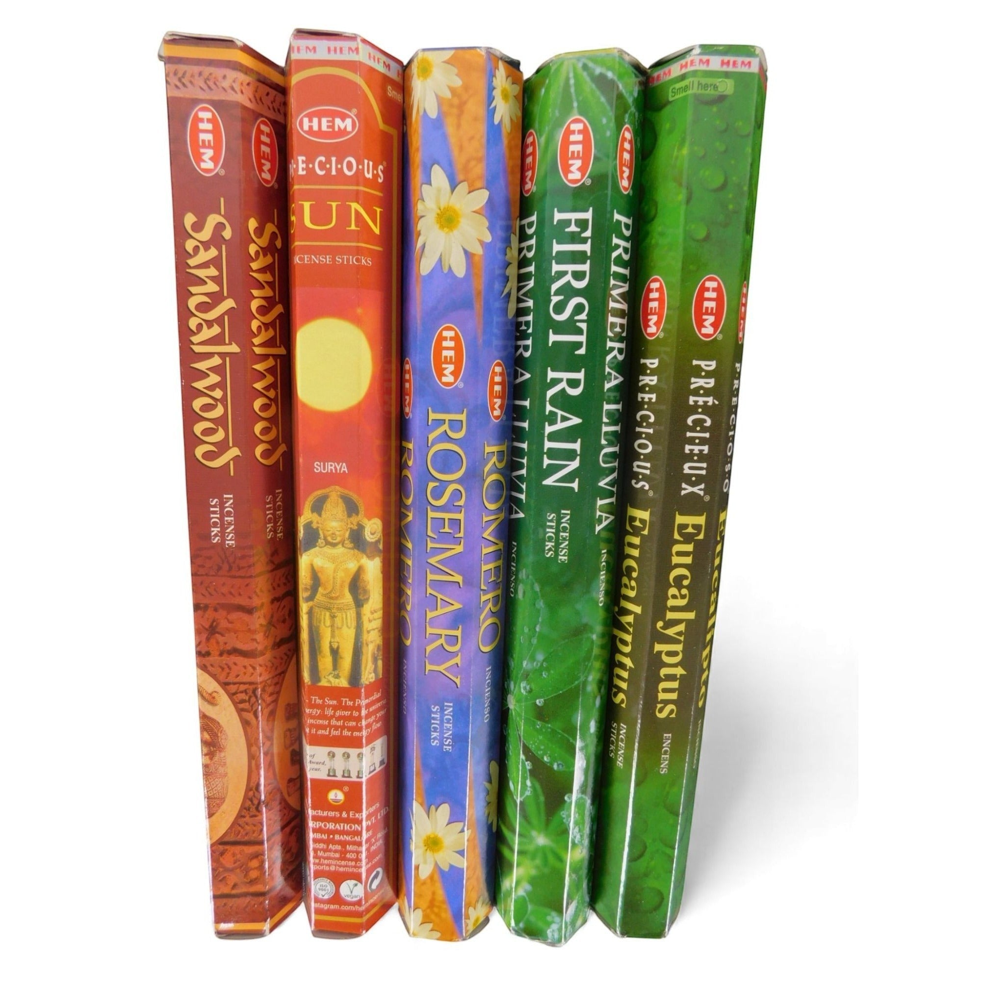 The Witches' Quest solar incense pack featuring five HEM scent tubes including Sandalwood, Sun, Rosemary, First Rain, and Eucalyptus.